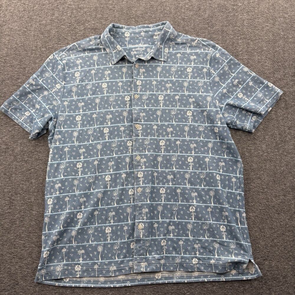 Tommy Bahama Island Zone Supima Polo Shirt Size XL Blue Gray Floral Palm